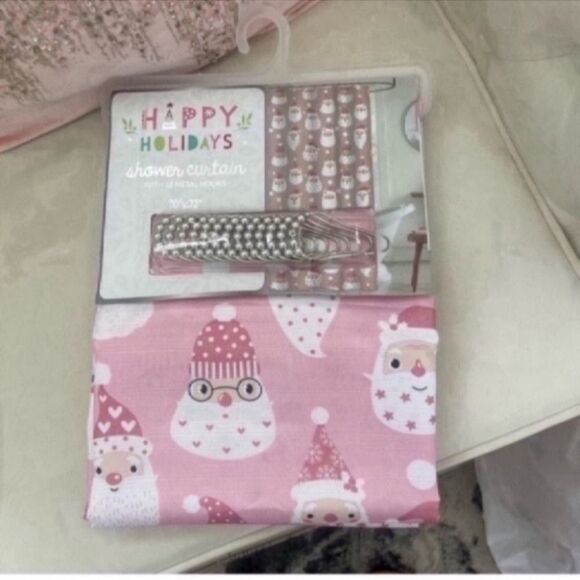 New Pink Santa Shower Curtain with Shower Hooks - Picture 3 of 8